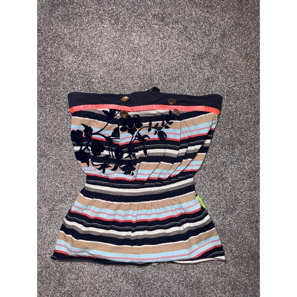 Coloci Women's Striped Sleeveless Tube Top - Velvet Floral Design & Buttons - XS
